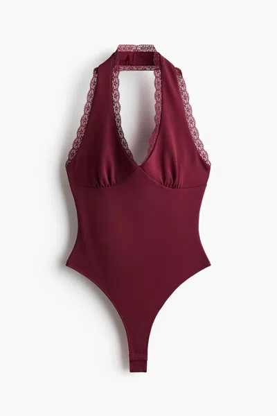 H&m Lace-trimmed Halterneck Bodysuit In Burgundy