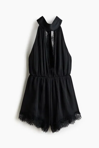 H&m Lace-trimmed Halterneck Romper In Black