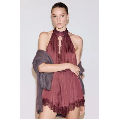 H&m Lace-trimmed Halterneck Romper In Red