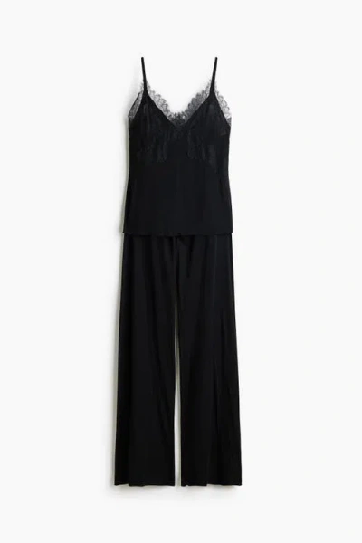 H&m Lace-trimmed Jersey Pyjamas In Black