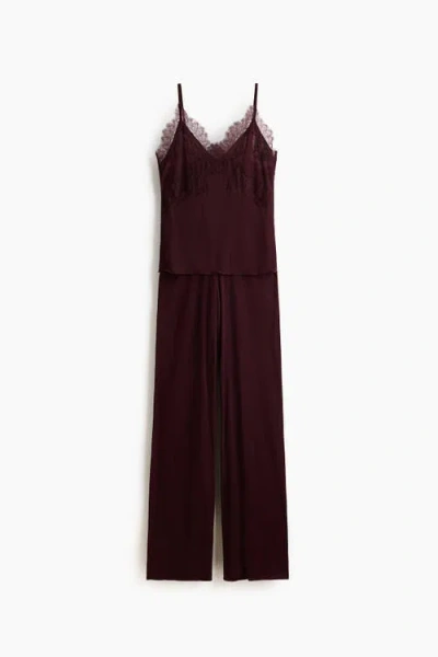 H&m Lace-trimmed Jersey Pyjamas In Brown