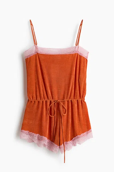 H&m Lace-trimmed Jersey Romper In Multi
