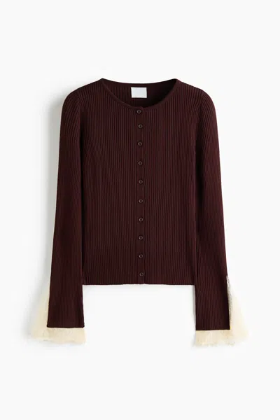 H&m Lace-trimmed Rib-knit Cardigan In Burgundy