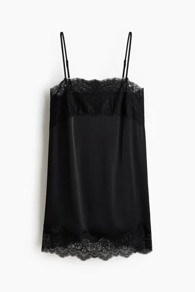 H&m Lace-trimmed Satin Nightgown In Black