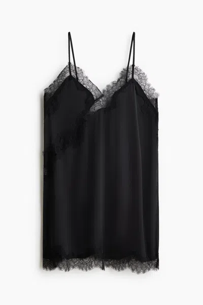 H&m Lace-trimmed Satin Nightgown In Black
