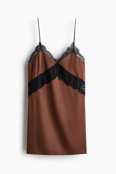 H&m Lace-trimmed Satin Nightgown In Black