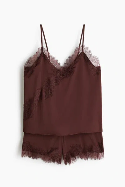 H&m Lace-trimmed Satin Pyjamas In Brown