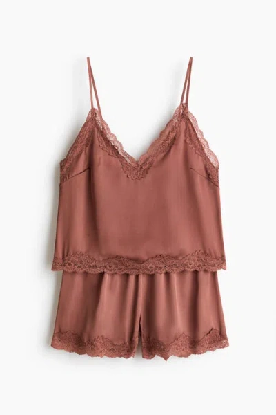H&m Lace-trimmed Satin Pyjamas In Brown