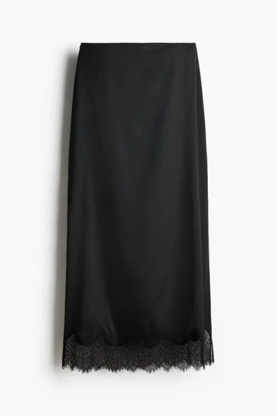 H&m Lace-trimmed Satin Skirt In Black
