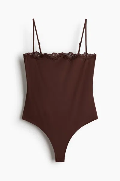 H&m Lace-trimmed Strappy Bodysuit In Brown