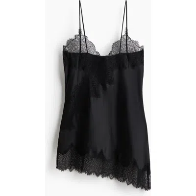 H&m Lace-trimmed Strappy Satin Top In Black