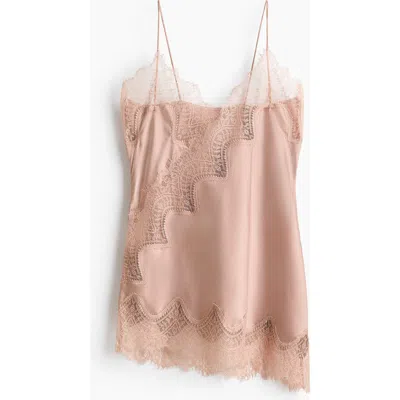 H&m Lace-trimmed Strappy Satin Top In Pink