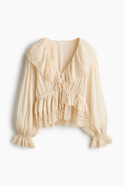 H&m Lace-trimmed Tie-front Blouse In Neutral