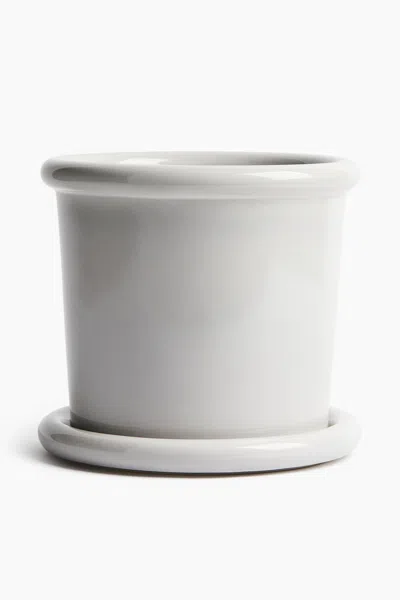 H&m Large Stoneware Plant Pot With Saucer In Gray