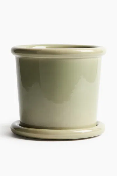 H&m Large Stoneware Plant Pot With Saucer In Green