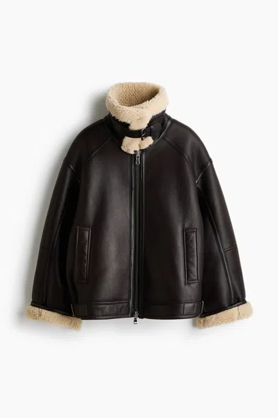 H&m Leather Shearling Jacket In Black