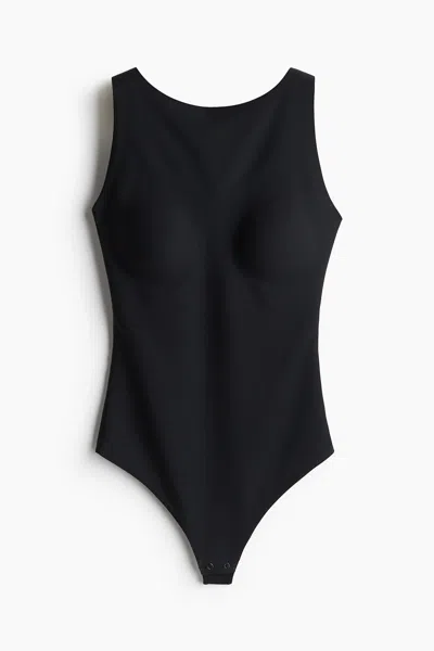 H&m Light Shape Microfiber Thong Bodysuit In Black
