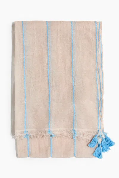 H&m Linen Scarf In Light Beige/light Blue