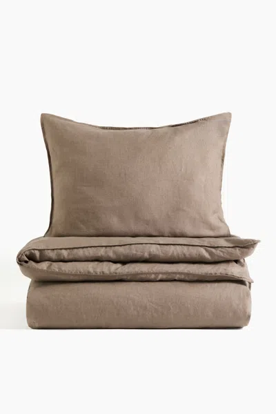 H&m Linen Twin Duvet Cover Set In Brown