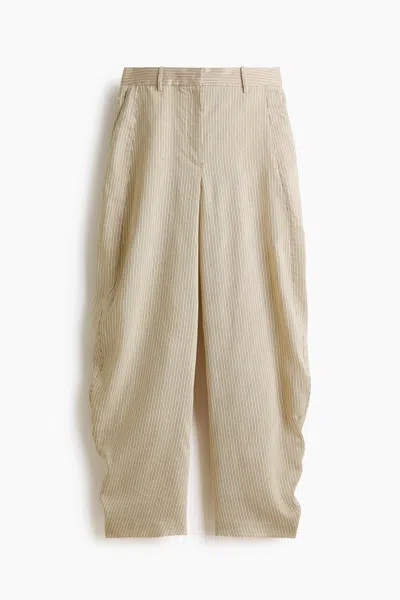 H&m Linen-blend Barrel Pants In Beige/striped