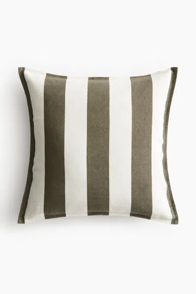 H&m Linen-blend Cushion Cover In Dark Olive Green/striped