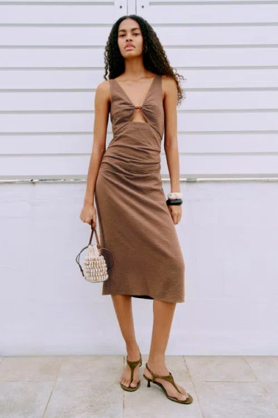 H&m Linen-blend Cut-out Dress In Brown
