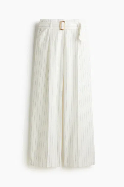 H&m Linen-blend Pants With Belt In White