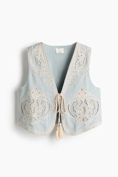H&m Linen-blend Vest With Eyelet Embroidery In Gold