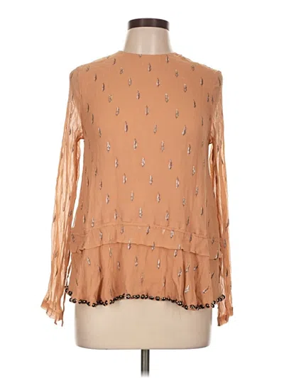 Pre-owned H&m Long Sleeve Silk Top Tan Mock Neckline Tops