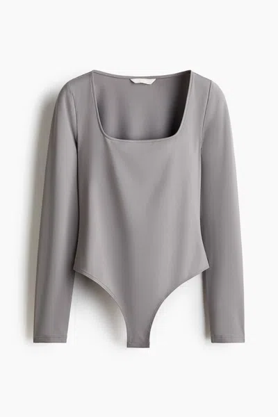 H&m Long-sleeved Thong Bodysuit In Gray
