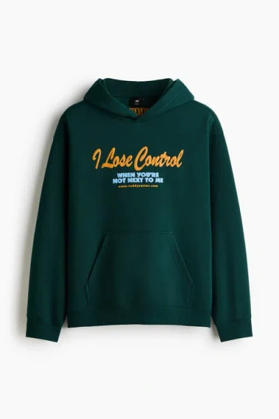 H&m Loose Fit Printed Hoodie In Green