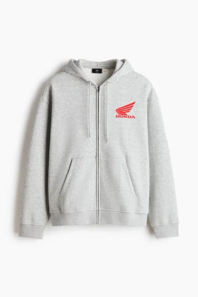 H&m Loose Fit Printed Zip-through Hoodie In Gray