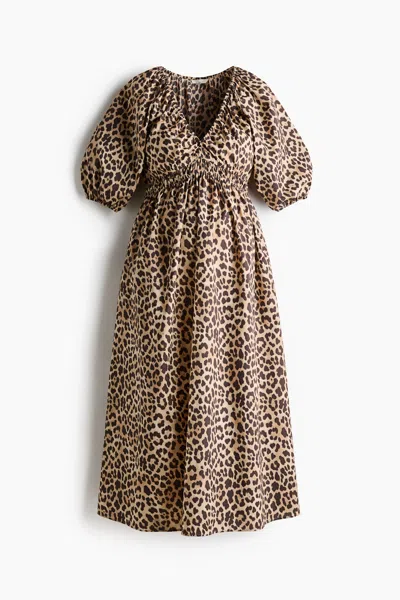 H&m Mama Balloon-sleeved Midi Dress In Brown