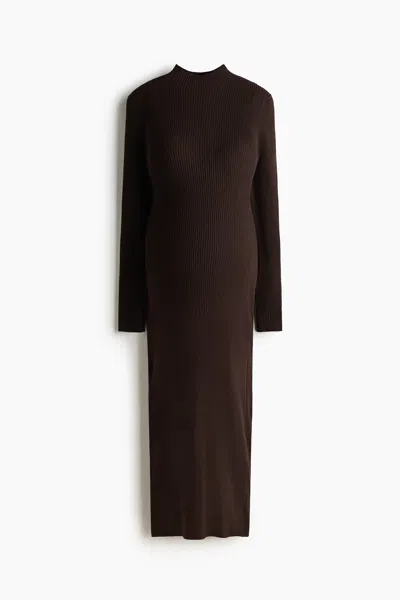 H&m Mama Rib-knit Mock Turtleneck Dress In Brown