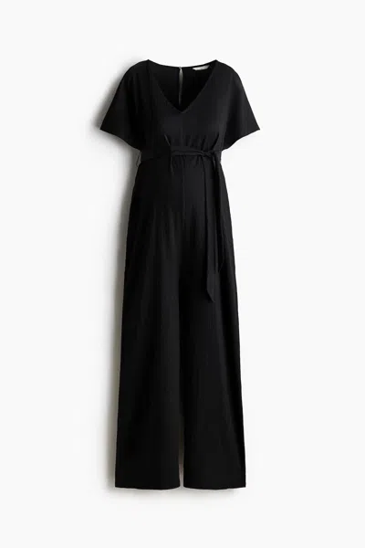 H&m Mama Short-sleeved Tie-belt Jumpsuit In Black