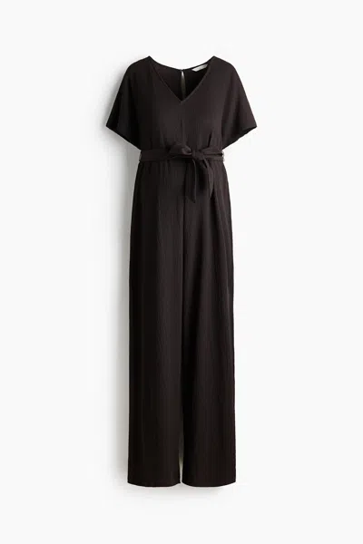 H&m Mama Short-sleeved Tie-belt Jumpsuit In Brown
