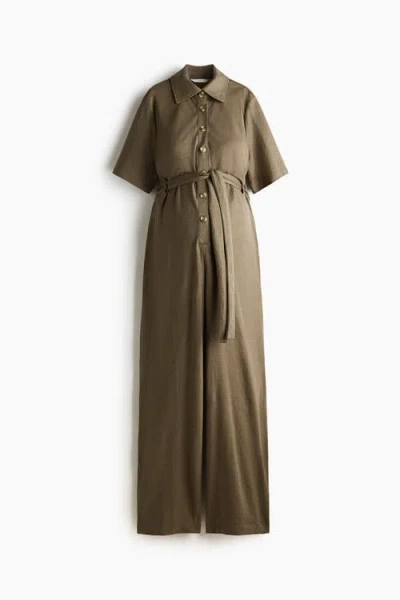 H&m Mama Short-sleeved Tie-belt Jumpsuit In Green