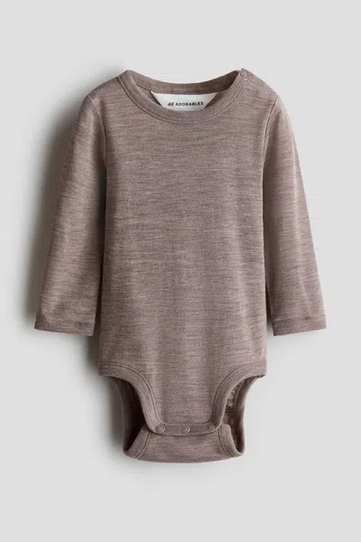 H&m Babies' Merino Wool Jersey Bodysuit In Brown
