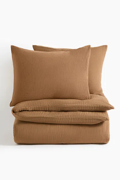 H&m Muslin King/queen Duvet Cover Set In Brown