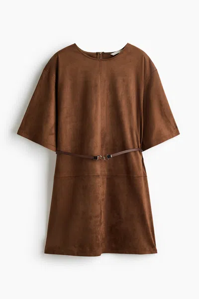 H&m Napped Dress With Belt In Brown