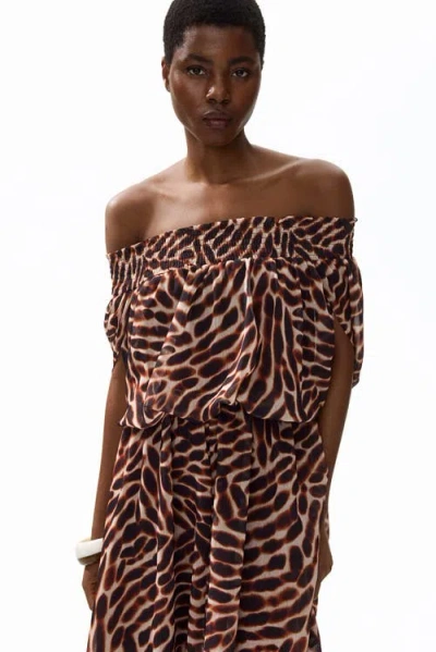 H&m Off-the-shoulder Chiffon Dress In Brown