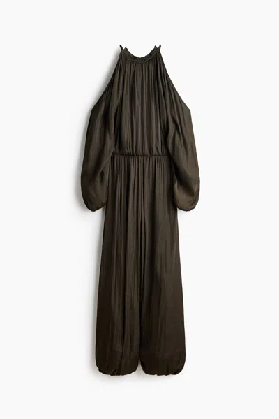 H&m Open-shoulder Satin Jumpsuit In Gray