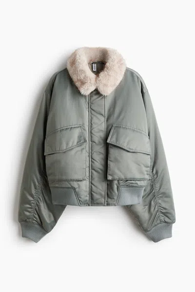 H&m Oversized Bomber Jacket With Fluffy Collar In Gray