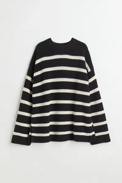 H&m Oversized Double-knit Sweater In Black/white Striped