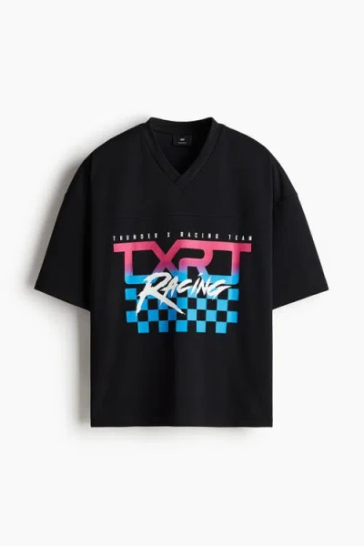 H&m Oversized Fit Printed Mesh T-shirt In Black
