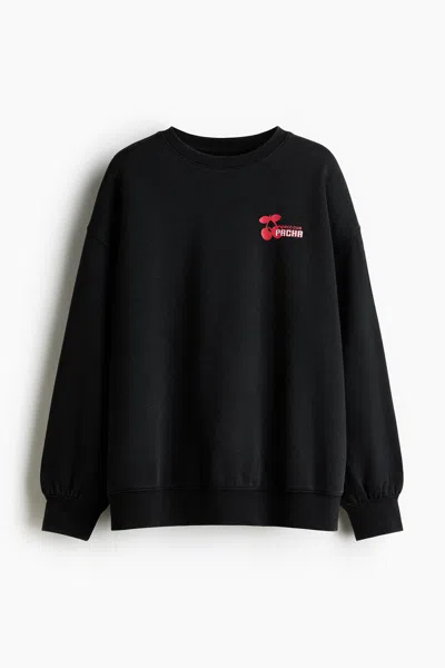 H&m Oversized Sweatshirt With Printed Motif In Black