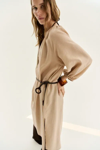 H&m Oversized Tie-belt Dress In Brown