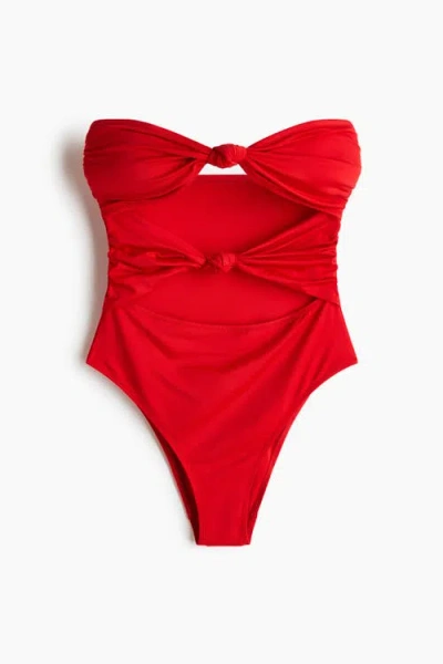 H&m Padded-cup Bandeau Swimsuit In Red