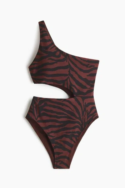 H&m Padded-cup High Leg One-shoulder Swimsuit In Brown