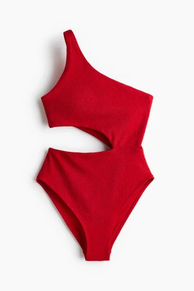 H&m Padded-cup High Leg One-shoulder Swimsuit In Red